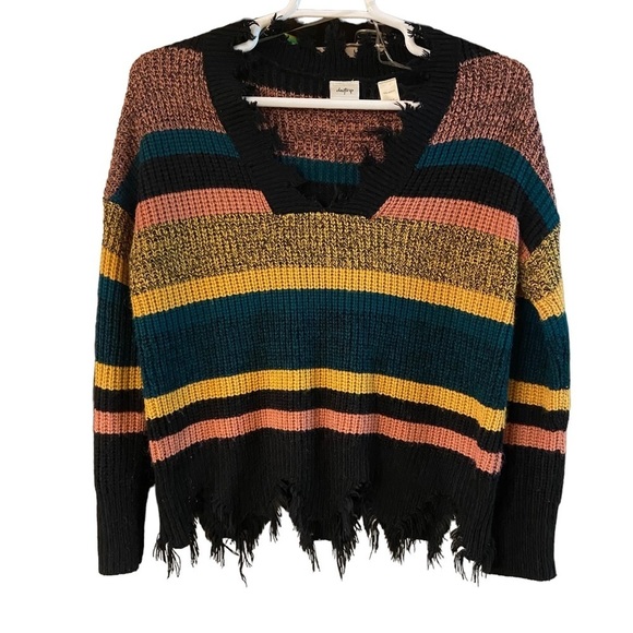 Daytrip Sweaters - Daytrip Destructed V-Neck Striped Sweater Size S